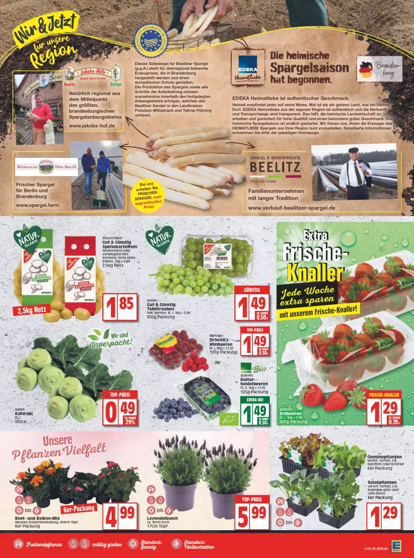 Aktueller Prospekt Edeka - Angebote der Woche - von 18.04 bis 23.04.2022 - strona 3 - produkty: Bau, beere, beeren, deka, eis, Elan, elle, erde, früchte, heidelbeere, heidelbeeren, himbeer, himbeere, himbeeren, jako, kartoffel, kartoffeln, kohlrabi, kopfsalat, lavendel, leine, LG, mac, ndk, Omep, pflanze, pflanzen, reis, salat, spargel, Sport, tafeltrauben, Ti, tisch, topf, trauben