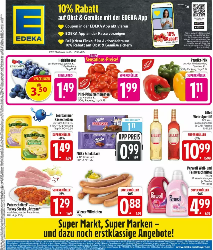Aktueller Prospekt Edeka - Prospekte - von 04.05 bis 09.05.2026 - strona 3 - produkty: alkohol, angebot, angebote, beere, beeren, coupon, deka, feinwaschmittel, flasche, heidelbeere, heidelbeeren, Käse, käsescheiben, leerdammer, lillet, milka, milka schokolade, obst, paprika, perwoll, pflaume, pflaumen, pute, putenbrust, putenschnitzel, schnitzel, schoko, schokolade, steak, steaks, Ti, tomate, tomaten, waschmittel, wiener, wiener würstchen, würstchen