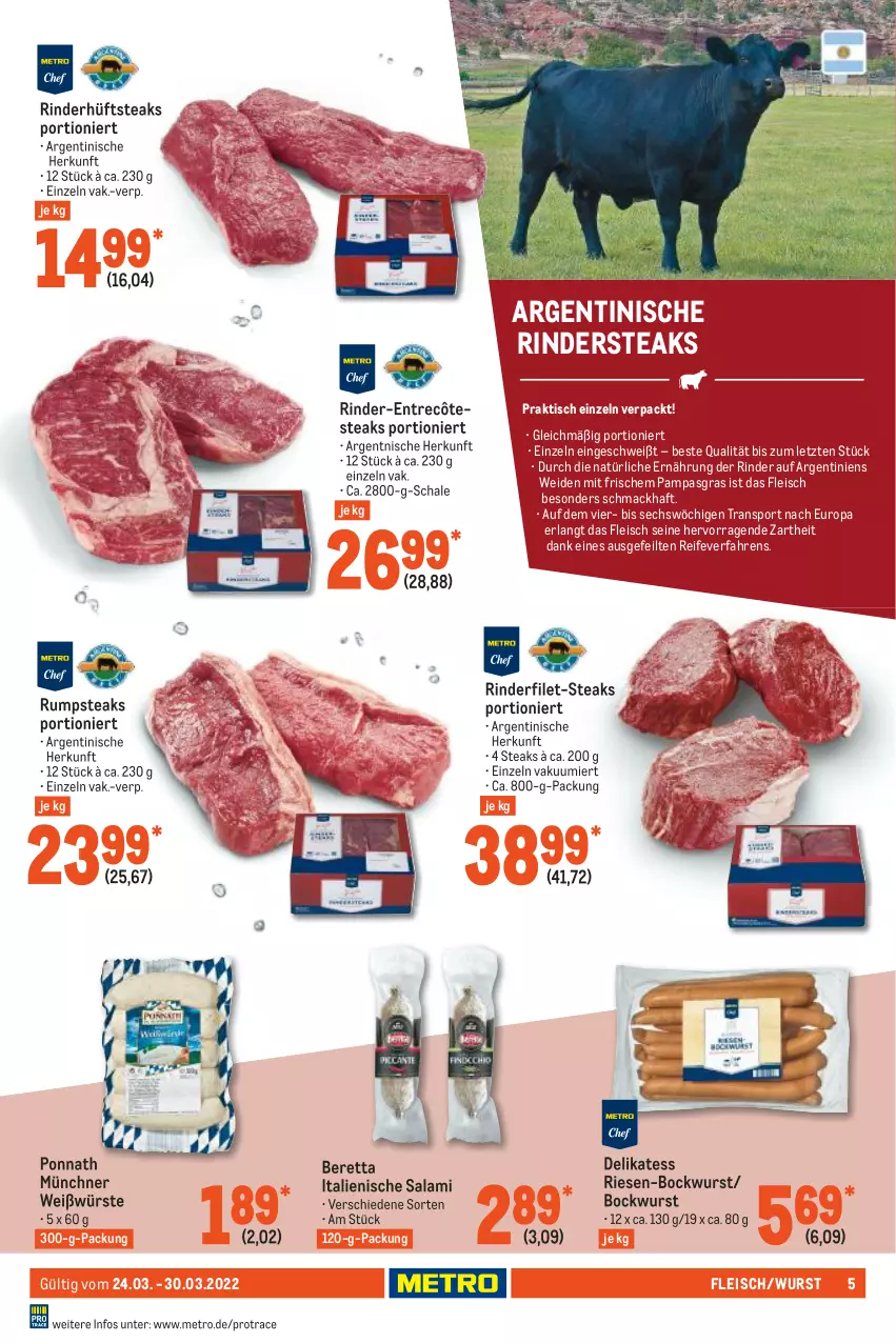 Aktueller Prospekt Metro - Food - von 24.03 bis 30.03.2022 - strona 5 - produkty: bockwurst, eis, entrecôte, filet, fleisch, hüftsteak, hüftsteaks, mac, Metro, ponnath, rind, rinder, rinderfilet, Rindersteak, rum, rumpsteak, salami, Schal, Schale, Sport, steak, steaks, Ti, tisch, wurst, ZTE