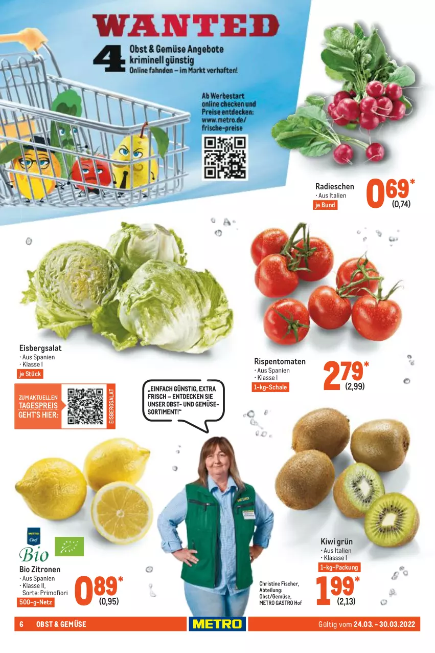 Aktueller Prospekt Metro - Food - von 24.03 bis 30.03.2022 - strona 6 - produkty: Abtei, bio, decke, eis, eisbergsalat, elle, fisch, fische, Fischer, kiwi, Metro, metro gastro, obst, radieschen, reis, rispentomaten, salat, Schal, Schale, Ti, tomate, tomaten, und gemüse, zitrone, zitronen