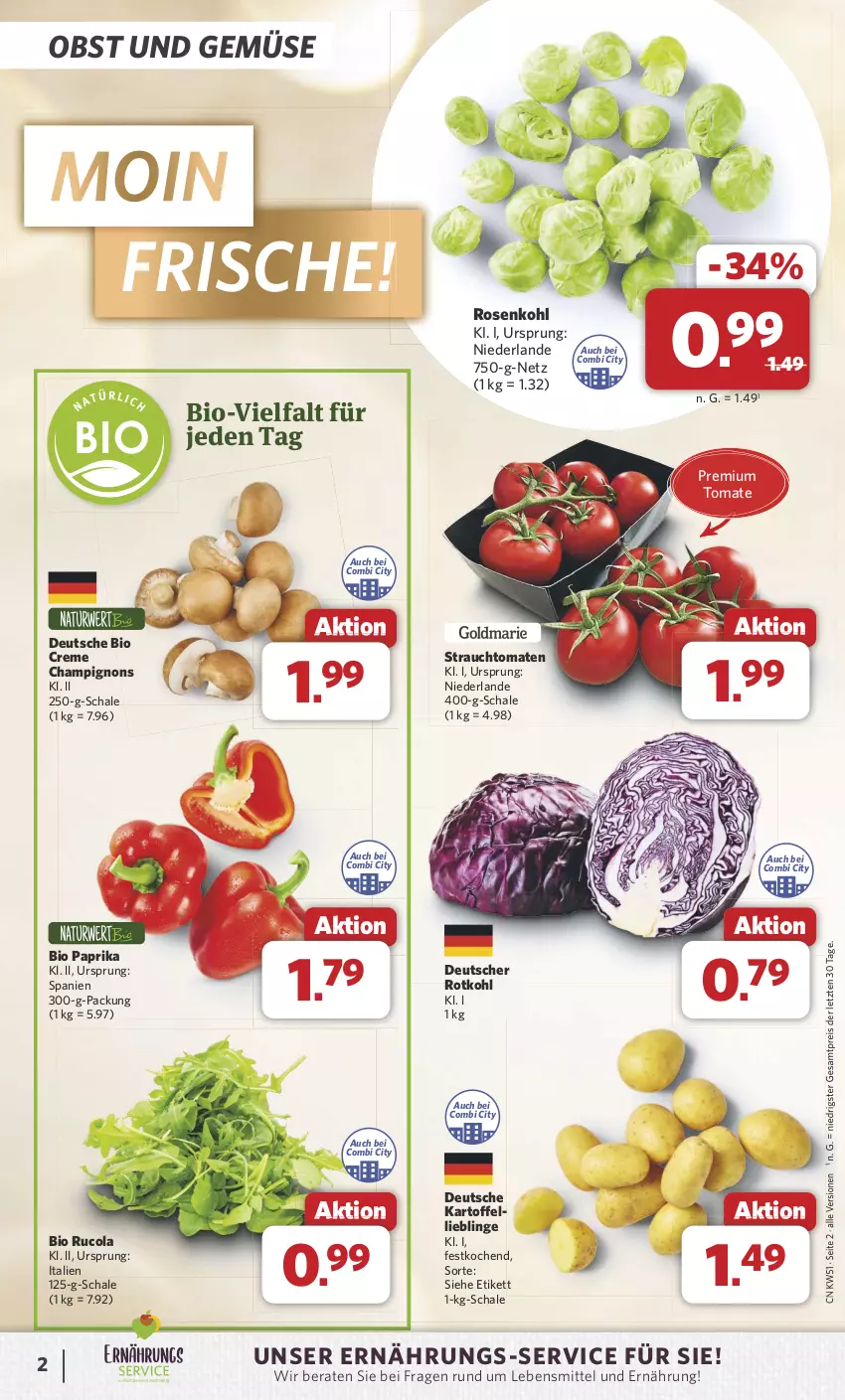 Aktueller Prospekt Combi - Prospekte - von 16.12 bis 24.12.2024 - strona 2 - produkty: bio, champignon, champignons, cola, creme, eis, kartoffel, lebensmittel, obst, Obst und Gemüse, paprika, Rauch, reis, rosen, Rosenkohl, rotkohl, rucola, Schal, Schale, strauchtomaten, Ti, tomate, tomaten, und gemüse, ZTE