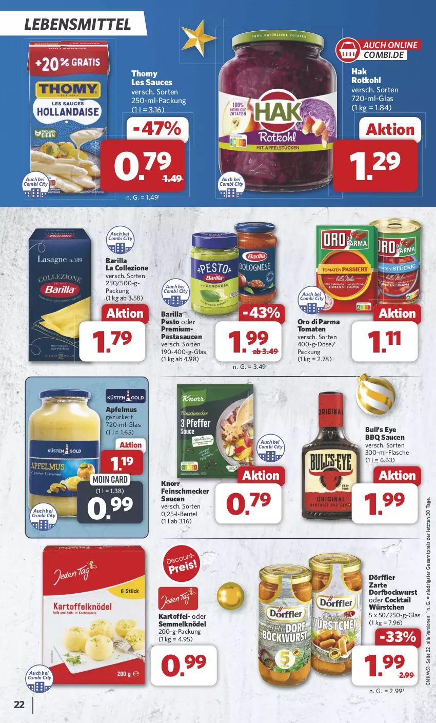 Aktueller Prospekt Combi - Prospekte - von 16.12 bis 24.12.2024 - strona 22 - produkty: apfel, apfelmus, barilla, beutel, bockwurst, cocktail, eis, feinschmecker, flasche, kartoffel, Knödel, knorr, lebensmittel, oro di parma, pasta, pesto, reis, rotkohl, sauce, saucen, Semmel, Semmelknödel, thomy, thomy les sauces, Ti, tomate, tomaten, wurst, würstchen, ZTE, zucker