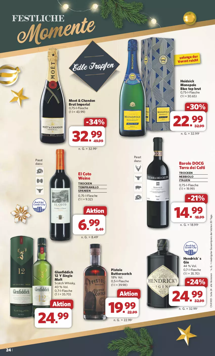 Aktueller Prospekt Combi - Prospekte - von 16.12 bis 24.12.2024 - strona 24 - produkty: Barolo, bio, brut, butter, eis, flasche, gin, moet, reis, Ria, scotch, scotch whisky, single malt, tempranillo, Ti, wein, weine, whisky, ZTE