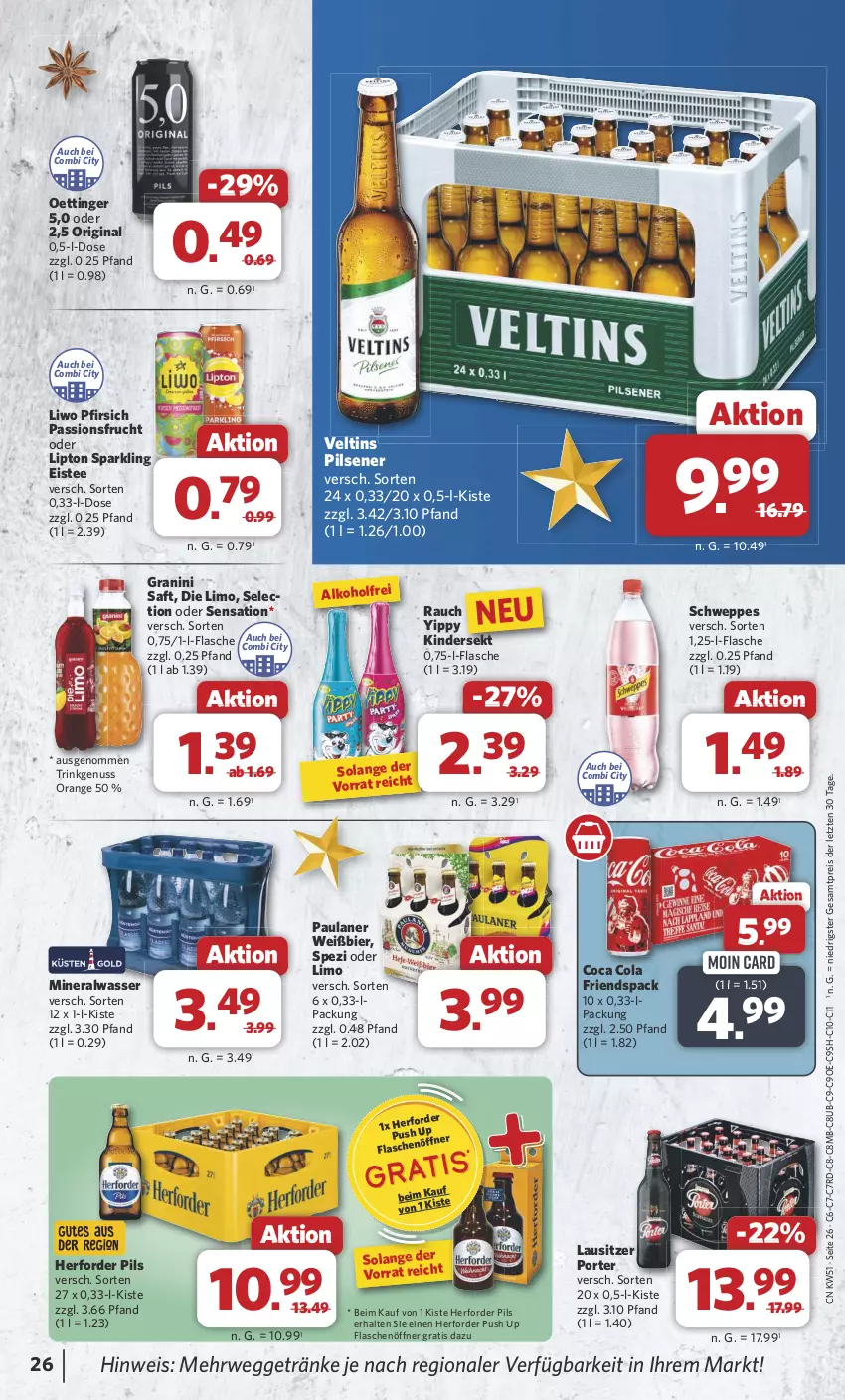 Aktueller Prospekt Combi - Prospekte - von 16.12 bis 24.12.2024 - strona 26 - produkty: alkohol, Alwa, bier, cola, eis, eistee, flasche, flaschenöffner, frucht, getränk, getränke, gin, granini, Kinder, limo, lipton, mineralwasser, nuss, oettinger, orange, passionsfrucht, Paula, paulaner, pfirsich, pils, pilsener, Rauch, reis, rwe, saft, schweppes, sekt, Spezi, tee, Ti, veltins, veltins pilsener, wasser, ZTE