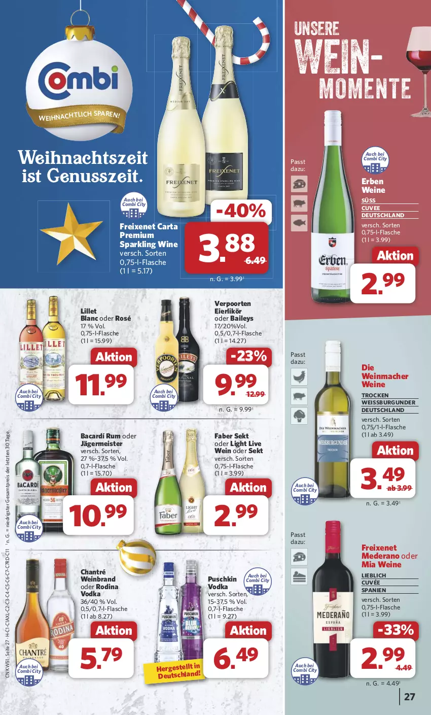 Aktueller Prospekt Combi - Prospekte - von 16.12 bis 24.12.2024 - strona 27 - produkty: baileys, burgunder, chantré, cuvée, eier, eierlikör, eis, ente, flasche, freixenet, Germ, jägermeister, likör, lillet, mac, Meister, nuss, puschkin vodka, reis, rum, sekt, Ti, verpoorten, vodka, wein, weinbrand, weine, ZTE