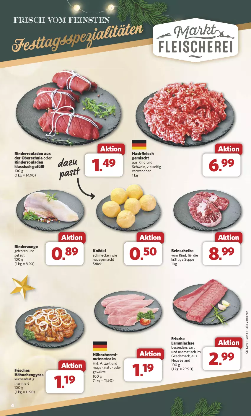 Aktueller Prospekt Combi - Prospekte - von 16.12 bis 24.12.2024 - strona 4 - produkty: eis, Elan, fleisch, gewürz, gyros, hackfleisch, hackfleisch gemischt, Hähnchengyros, Knödel, küche, Küchen, lachs, lamm, lammlachse, mac, minutensteaks, natur, rind, rinder, Rinderroulade, rinderrouladen, Rinderzunge, rouladen, rwe, Schal, Schale, schwein, steak, steaks, suppe, Ti, tisch, wein