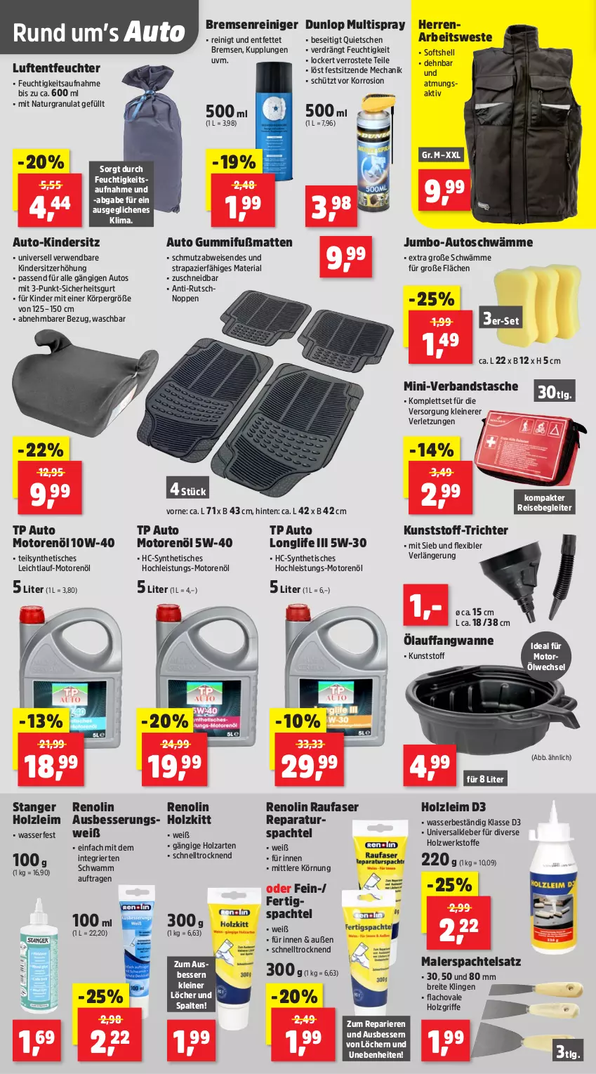 Aktueller Prospekt Thomas Philipps - von 29.09 bis 04.10.2025 - strona 14 - produkty: auto, Auto Moto, Brei, dunlop, eis, Fußmatte, Holz, jumbo, Kinder, Kindersitz, kleber, leine, LG, longlife, Luftentfeuchter, motorenöl, natur, passend für alle, reiniger, reis, Ria, rwe, schwamm, Sitzerhöhung, spachtel, Tasche, Ti, tisch, usb, Wanne, wasser, Weste
