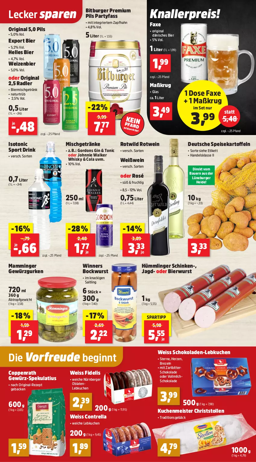 Aktueller Prospekt Thomas Philipps - von 29.09 bis 04.10.2025 - strona 19 - produkty: auer, axe, Bau, Bauer, Berger, bier, bitburger, bockwurst, brezel, Brezeln, burger, cola, coppenrath, drink, eis, elle, frucht, geback, getränk, getränke, gewürz, Gewürzgurke, gewürzgurken, gin, gordon, gordons, gurke, gurken, johnnie walker, kartoffel, kartoffeln, knallerpreis, kuchen, kuchenmeister, Lebkuchen, mam, mamminger, Meister, milch, natur, nürnberger, Oblaten, pils, premium pils, radler, reis, rel, rezept, rotwein, schinken, schoko, schokolade, schokoladen, spartipp, speisekartoffeln, Sport, Stollen, Ti, tonic, vollmilch, wein, Weißwein, whisky, Wild, wurst, Zartbitterschokolade
