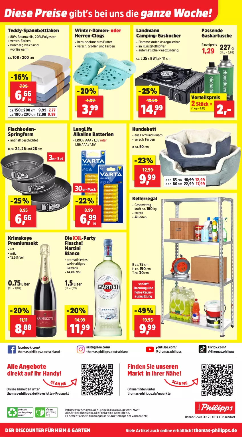Aktueller Prospekt Thomas Philipps - von 29.09 bis 04.10.2025 - strona 21 - produkty: abholpreise, alle preise sind abholpreise, angebot, angebote, auto, batterie, batterien, Bau, baumwolle, bett, Clin, Clogs, discount, eis, elle, flasche, Garten, getränk, Handy, Hundebett, Kocher, koffer, kraft, lamm, longlife, martini, Maus, papier, Plüsch, regal, reis, ring, sekt, spannbettlaken, Springform, Ti, tisch, vorteilspreis, wein, wolle, Yo