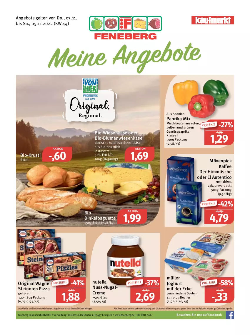 Aktueller Prospekt Feneberg - Prospekte - von 03.11 bis 05.11.2022 - strona 1 - produkty: angebot, angebote, baguette, Becher, beutel, bio, blume, blumen, creme, eis, elle, gin, Heu, heumilch, joghur, joghurt, joghurt mit der ecke, kaffee, Käse, lebensmittel, milch, mövenpick, mövenpick kaffee, Müller, nuss, nutella, Ofen, original wagner, paprika, paprika mix, pizza, reis, schnittkäse, steinofen, steinofen pizza, Ti, wagner, ZTE