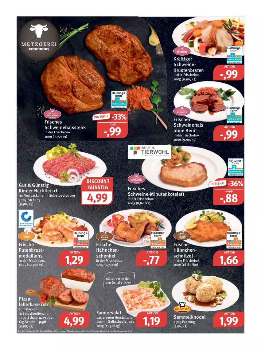 Aktueller Prospekt Feneberg - Prospekte - von 03.11 bis 05.11.2022 - strona 2 - produkty: braten, discount, eis, fleisch, Frische Hähnchen, garnier, hackfleisch, hähnchenschenkel, Hähnchenschnitzel, henkel, Käse, Knödel, kotelett, krustenbraten, leberkäs, leberkäse, medaillons, pizza, pute, putenbrust, reis, rind, rinder, salat, Schal, Schale, schenkel, schnitzel, schwein, schweine, Semmel, Semmelknödel, steak, Ti, wein, weine, wurst