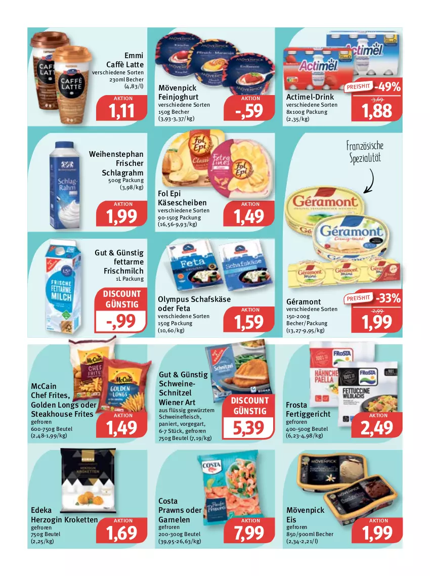 Aktueller Prospekt Feneberg - Prospekte - von 03.11 bis 05.11.2022 - strona 6 - produkty: actimel, Becher, beutel, caffè latte, deka, discount, drink, eis, emmi, feinjoghurt, fertiggericht, feta, fleisch, fol epi, frosta, garnelen, géramont, gewürz, gin, Golden Longs, joghur, joghurt, Käse, käsescheiben, Kette, Kroketten, latte, mccain, milch, mövenpick, mövenpick eis, prawns, reis, schafskäse, schlagrahm, schnitzel, schwein, schweine, schweinefleisch, schweineschnitzel, Spezi, steak, Ti, weihenstephan, wein, weine, wiener, ZTE