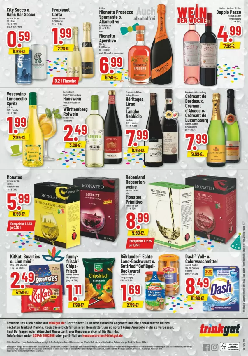 Aktueller Prospekt Trinkgut - Prospekte - von 23.02 bis 01.03.2025 - strona 10 - produkty: alkohol, angebot, angebote, beutel, bio, bockwurst, böklunder, Brei, chips, colorwaschmittel, doppio passo, ecco, eis, elle, flasche, freixenet, Geflügel, gutfried, kitkat, limo, lion, mionetto, passo, primitivo, prosecco, puma, reis, rotwein, sac, smarties, spumante, telefon, Ti, vescovino, waschmittel, wein, weine, wurst, ZTE