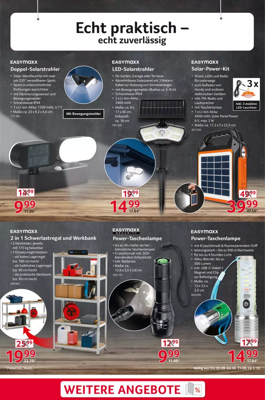 Aktueller Prospekt Selgros - Non Food - von 05.09 bis 11.09.2024 - strona 13 - produkty: akku, angebot, angebote, Bank, easymaxx, eis, Garten, Handy, Holz, Lampe, lautsprecher, Leuchte, Radio, regal, schwerlastregal, Tasche, taschen, taschenlampe, tee, Ti, tisch