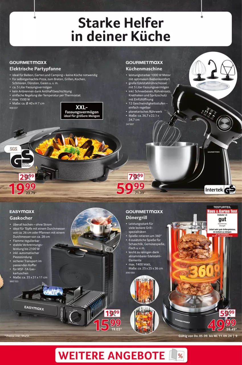 Aktueller Prospekt Selgros - Non Food - von 05.09 bis 11.09.2024 - strona 9 - produkty: angebot, angebote, auto, braten, easymaxx, edelstahl, eis, ente, fisch, Garten, gourmetmaxx, grill, intertek, Kocher, koffer, küche, Küchen, küchenmaschine, lamm, mac, messer, pfanne, pfannen, pizza, Rührschüssel, rwe, Schneebesen, schüssel, Spezi, Sport, Spritzschutz, thermostat, Ti, tisch