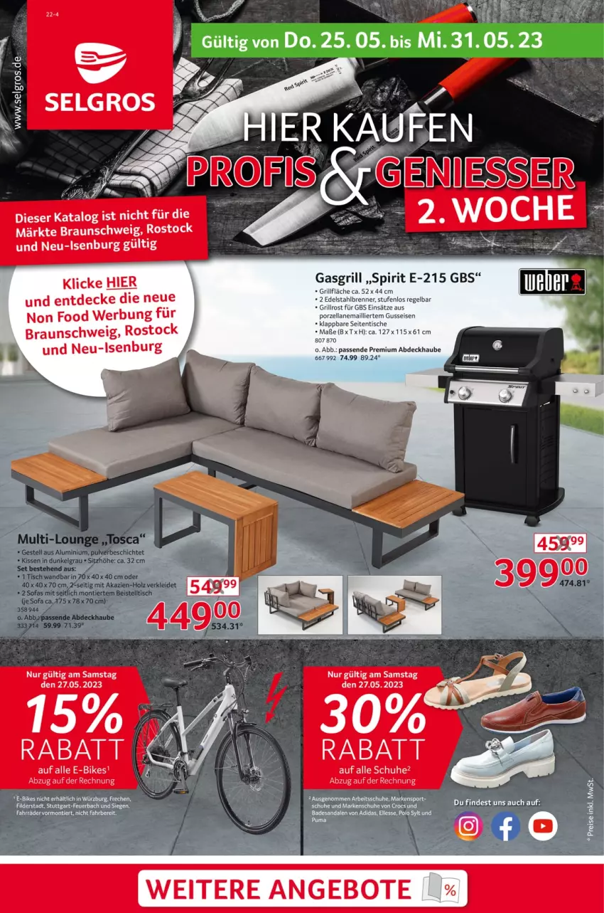 Aktueller Prospekt Selgros - Nonfood - von 25.05 bis 31.05.2023 - strona 1 - produkty: abdeckhaube, angebot, angebote, beistelltisch, braun, decke, edelstahl, eis, gasgrill, grill, grillfläche, grillrost, Holz, kissen, kleid, LG, schuhe, Sitzhöhe, Sofa, Ti, tisch