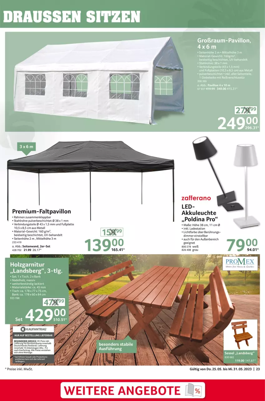 Aktueller Prospekt Selgros - Nonfood - von 25.05 bis 31.05.2023 - strona 23 - produkty: akku, angebot, angebote, Bank, Berger, dimmer, eis, Faltpavillon, Garten, Holz, lack, latte, Leuchte, LG, pavillon, reis, Ria, sessel, Ti, tisch