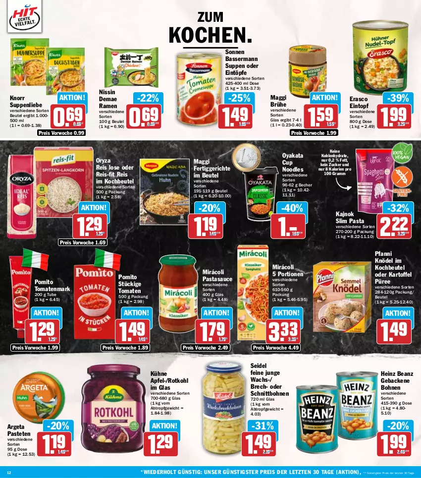 Aktueller Prospekt Hit - Wochenprospekt - von 29.12.2025 bis 03.01.2026 - strona 12 - produkty: apfel, beanz, Becher, beutel, bohne, bohnen, Brühe, eintopf, eintöpfe, eis, erasco, fertiggericht, fertiggerichte, geback, heinz, kartoffel, Knödel, knorr, kochbeutel, Kühne, maggi, Mirácoli, Nissin, oryza, pasta, pastete, pfanni, pomito, püree, reis, reis-fit, rotkohl, sauce, suppe, suppen, suppenliebe, Ti, tomate, tomaten, tomatenmark, topf, ZTE, zucker
