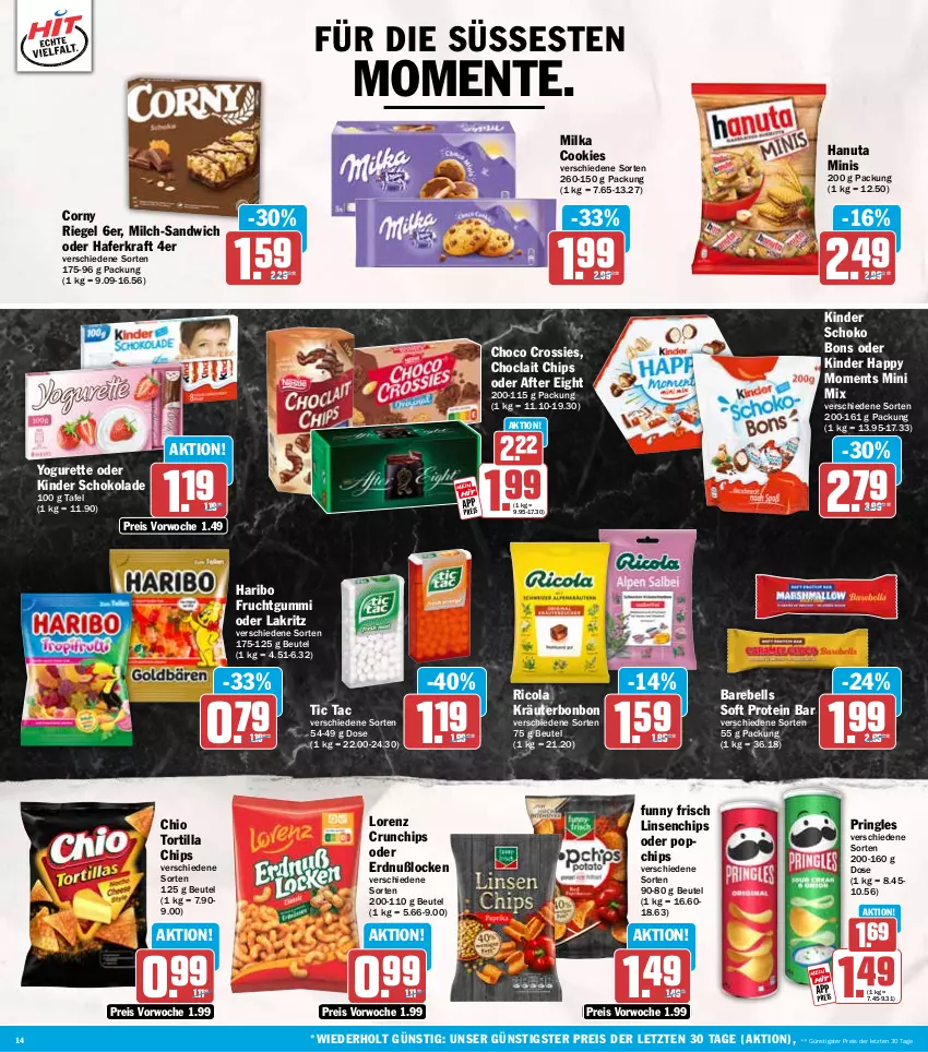 Aktueller Prospekt Hit - Wochenprospekt - von 29.12.2025 bis 03.01.2026 - strona 14 - produkty: after eight, beutel, chips, choclait chips, choco crossies, cola, cookie, cookies, corny, crossies, crunchips, eis, ente, frucht, fruchtgummi, Funny Frisch, hafer, hanuta, haribo, Kinder, kinder schokolade, kraft, kräuter, Lakritz, linsen, lorenz, lorenz crunchips, milch, milka, oder lakritz, pringles, rebell, reis, Ricola, riegel, ring, sandwich, schoko, schokolade, Ti, tortilla, Tortilla Chips, Yo, yogurette, ZTE