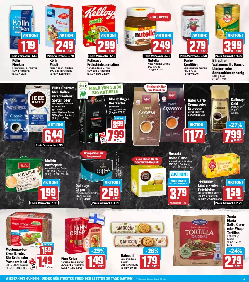 Aktueller Prospekt Hit - Wochenprospekt - von 29.12.2025 bis 03.01.2026 - strona 15 - produkty: aktionspreis, beutel, bihophar, bio, blume, blumen, Blüte, bohne, bohnen, brot, caffe, Cap, cerealien, creme, dallmayr, dallmayr capsa, dallmayr gold, darbo, dolce gusto, eilles gourmet, eis, Eiweißbrot, espresso, feinkost, filterkaffee, früchte, Früchtetee, honig, käfer, kaffee, kaffeepads, kölln, konfitüre, mac, melitta, mestemacher, mövenpick, müsli, Nescafé, nespresso, nuss, nuss-nougat-creme, nutella, oder espresso, Pumpernickel, reis, Ria, ritter, röstkaffee, sonnenblume, sonnenblumen, starbucks, tee, teekanne, Ti, tortilla, tortillas, wrap, ZTE