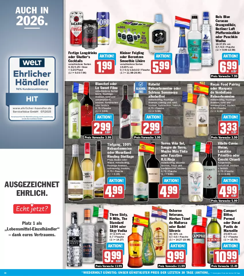 Aktueller Prospekt Hit - Wochenprospekt - von 29.12.2025 bis 03.01.2026 - strona 16 - produkty: alkohol, asti, aust, Bad, berentzen, berliner, berliner luft, campari, chia, chianti, cocktail, cocktails, cuvée, dell, drink, drinks, eis, ente, erde, flasche, frucht, kleiner feigling, lebensmittel, leine, likör, mars, moselland, orange, orangen, osborne, pfeffer, pfefferminzlikör, primitivo, puschkin wodka, rebsortenweine, reis, riesling, ring, rioja, skyy, Skyy Vodka, smoothie, Three Sixty, Ti, usb, veterano, vodka, wein, weine, Wild, wodka, ZTE