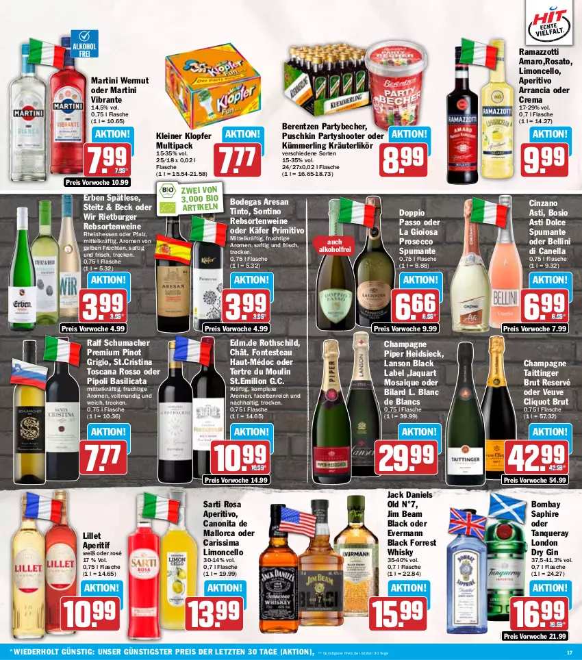 Aktueller Prospekt Hit - Wochenprospekt - von 29.12.2025 bis 03.01.2026 - strona 17 - produkty: alkohol, amaro, aperitif, aqua, asti, Becher, berentzen, bio, black label, brut, burger, canon, champagne, cin, cinzano, Cinzano Asti, de blancs, doppio passo, dry gin, ecco, eis, flasche, frucht, früchte, früchten, gin, jack daniel, jack daniels, jim beam, käfer, kleiner klopfer, kräuter, kräuterlikör, La Gioiosa, lack, leine, likör, lillet, limo, lion, london dry, london dry gin, mac, martini, merl, passo, Pinot, pinot grigio, primitivo, prosecco, puma, rama, ramazzott, ramazzotti, rebsortenweine, reis, resa, rosato, saft, sim, spumante, Tanqueray, Ti, wein, weine, whisky, zott, ZTE