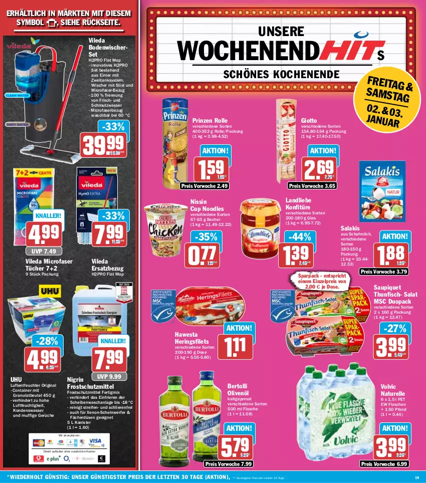 Aktueller Prospekt Hit - Wochenprospekt - von 29.12.2025 bis 03.01.2026 - strona 19 - produkty: Becher, bertolli, beutel, bodenwischer, Container, eimer, eis, elle, filet, filets, fisch, flasche, gin, giotto, hawesta, hering, Herings, heringsfilets, konfitüre, landliebe, Luftentfeuchter, milch, natur, Nigrin, Nissin, olive, oliven, olivenöl, prinzen rolle, reifen, reis, rel, ring, salakis, salat, saupiquet, thunfisch, Ti, Tiere, tücher, uhu, Uhu Luftentfeuchter, vileda, volvic, wasser, ZTE
