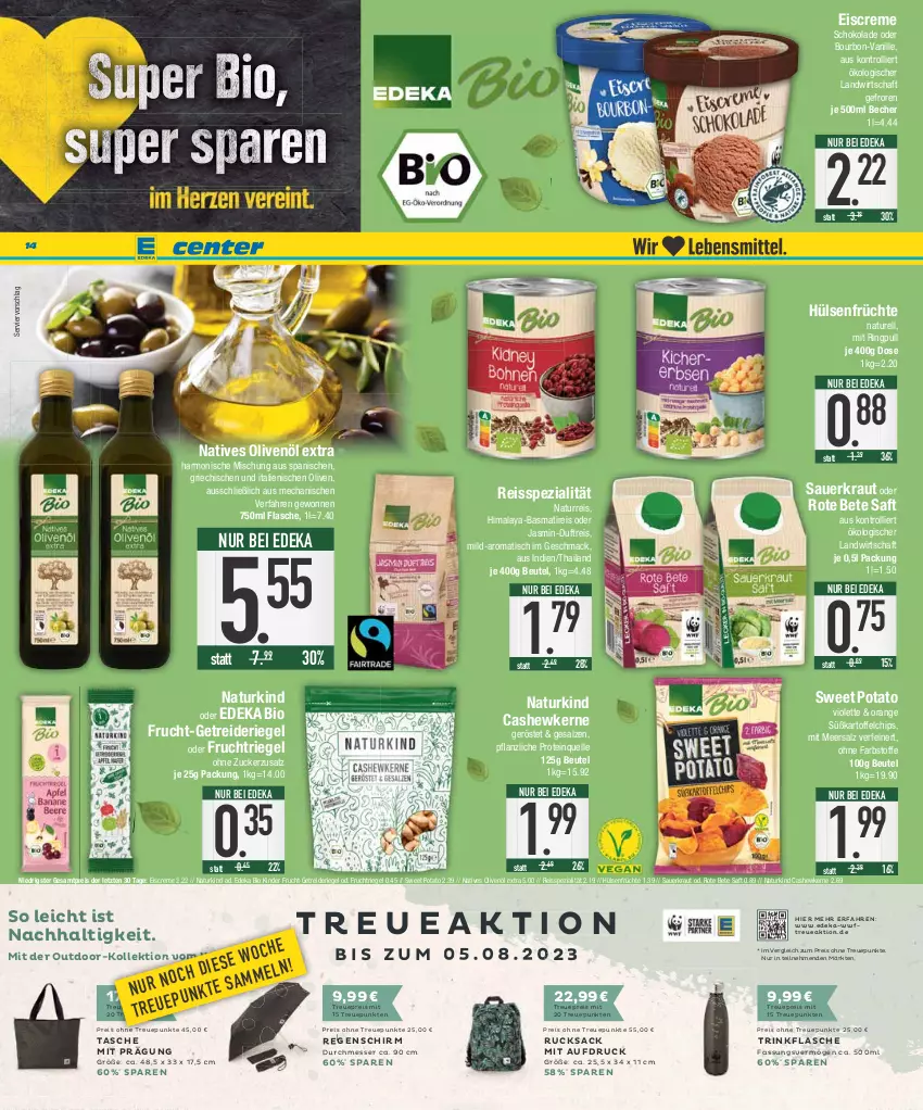 Aktueller Prospekt E Center - Angebote der Woche - von 31.07 bis 05.08.2023 - strona 14 - produkty: auer, basmati, Becher, beutel, bio, bourbon, Cashew, cashewkerne, chips, creme, deka, edeka bio, eis, eiscreme, elle, ente, flasche, frucht, früchte, Getreideriegel, hülsenfrüchte, kartoffel, kartoffelchips, Kinder, Kraut, mac, meersalz, messer, natives olivenöl, natur, olive, oliven, olivenöl, olivenöl extra, orange, reis, reiss, rel, riegel, ring, rote bete, rucksack, sac, saft, salz, Sauerkraut, schoko, schokolade, senf, Spezi, Tasche, Ti, tisch, trinkflasche, trolli, vanille, ZTE, zucker