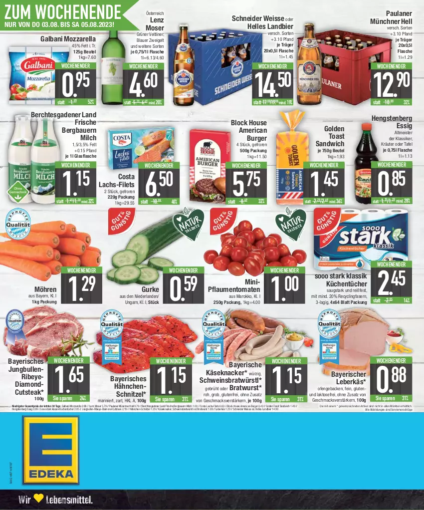 Aktueller Prospekt E Center - Angebote der Woche - von 31.07 bis 05.08.2023 - strona 20 - produkty: auer, Bau, Bauer, beutel, bier, blauer zweigelt, bratwurst, burger, Clin, eis, elle, essig, filet, filets, flasche, galbani, geback, glasflasche, golden toast, grüner veltliner, gurke, Hähnchenschnitzel, hengstenberg, jungbullen, Käse, knacker, kräuter, küche, Küchen, küchentücher, lachs, lebensmittel, leberkäs, Lenz Moser, mac, Meister, milch, möhren, moser, mozzarella, Ofen, Paula, paulaner, pflaume, pflaumen, reis, rel, sandwich, schnitzel, schwein, steak, Ti, toast, tomate, tomaten, tücher, wein, wurst, ZTE, Zweigelt