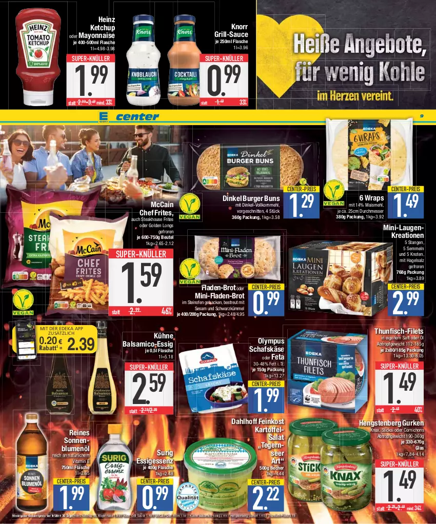 Aktueller Prospekt E Center - Angebote der Woche - von 31.07 bis 05.08.2023 - strona 9 - produkty: balsam, balsamico, Becher, beutel, blume, blumen, blumenöl, brot, burger, burger buns, coupon, deka, eis, ente, essig, feinkost, feta, filet, filets, fisch, flasche, geback, Golden Longs, grill, gurke, gurken, heinz, hengstenberg, Hengstenberg Gurken, kartoffel, kartoffelsalat, Käse, ketchup, knorr, korn, Kühne, mais, mayonnaise, mccain, mehl, messer, nuss, Ofen, reis, saft, salat, salz, sauce, schafskäse, schnitten, Semmel, sesam, sonnenblume, sonnenblumen, sonnenblumenöl, steak, steinofen, super-knüller, Tegernseer, thunfisch, Ti, vita, wrap, wraps, Yo, ZTE