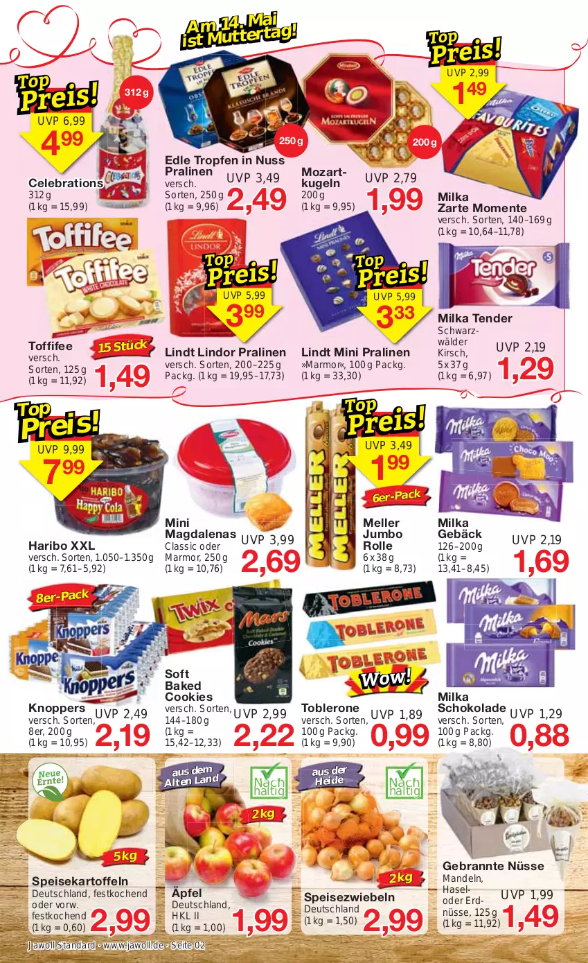 Aktueller Prospekt Jawoll - Prospekte - von 07.05 bis 13.05.2023 - strona 2 - produkty: cookie, cookies, eis, elle, ente, erdnüsse, haribo, jumbo, kartoffel, kartoffeln, kirsch, knoppers, Kugel, lindor, lindt, mandel, mandeln, milka, milka schokolade, nuss, pralinen, schoko, schokolade, speisekartoffeln, Speisezwiebeln, tender, Ti, toblerone, toffifee, zwiebel, zwiebeln