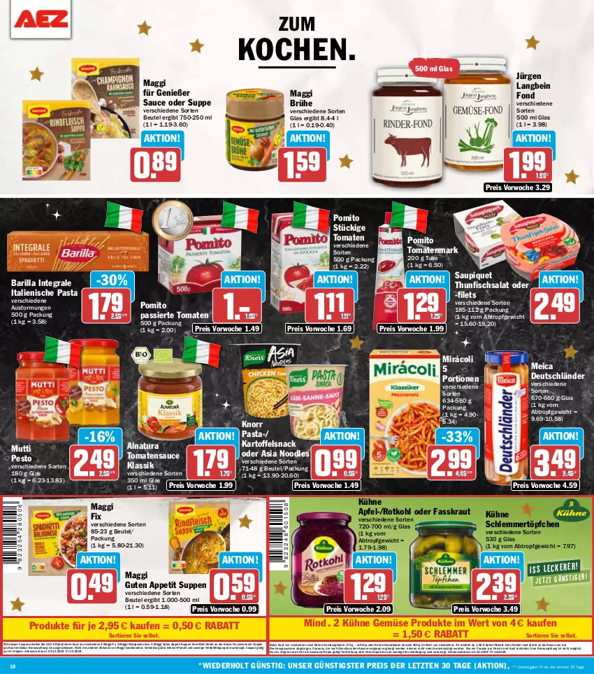 Aktueller Prospekt Aez - Prospekte - von 02.12 bis 07.12.2024 - strona 10 - produkty: apfel, barilla, beutel, Brei, Brühe, coupon, coupons, eis, erde, filet, filets, fisch, gin, Gläser, italienische pasta, kartoffel, knorr, Kraut, Kühne, maggi, maggi fix, meica, Mirácoli, Mutti, natur, natura, pasta, pesto, pomito, reis, rotkohl, salat, sauce, saupiquet, schlemmertöpfchen, snack, sofort-rabatt, suppe, suppen, thunfisch, Thunfischsalat, Ti, Tiere, tomate, tomaten, tomatenmark, tomatensauce, Töpfchen, ZTE