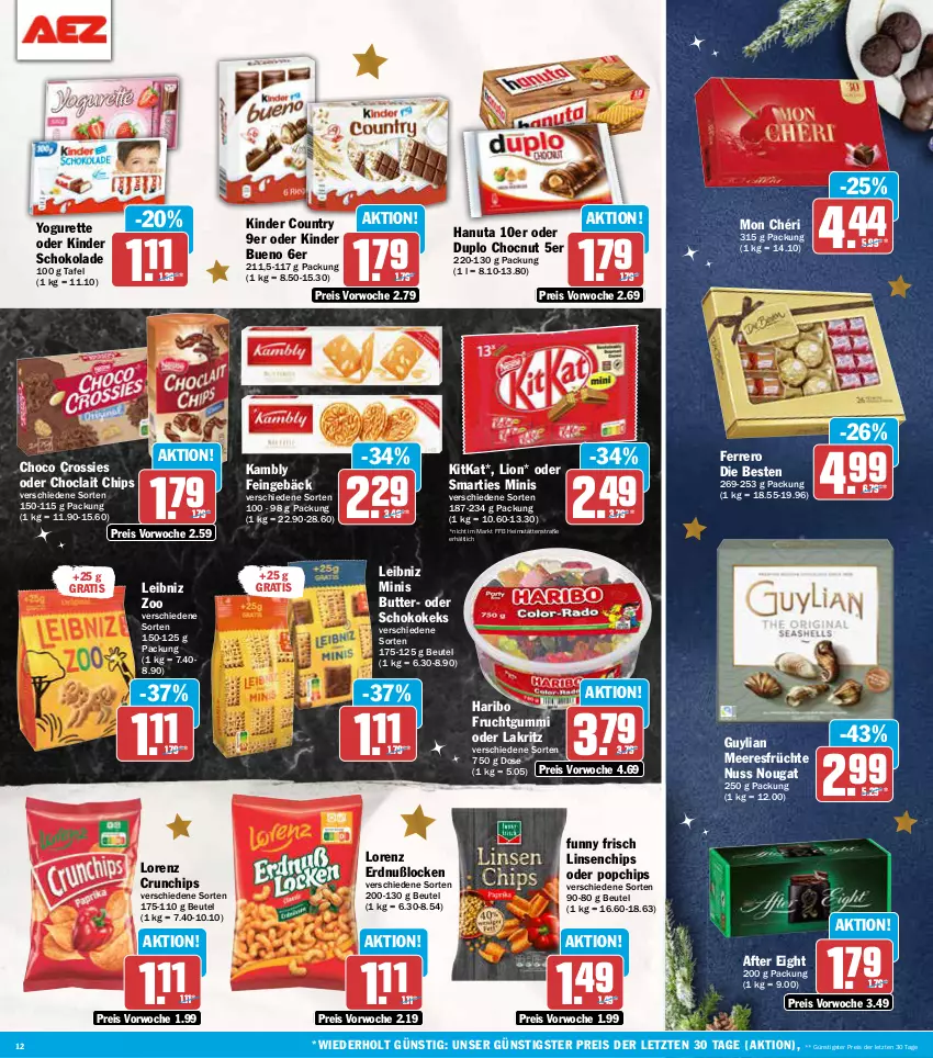 Aktueller Prospekt Aez - Prospekte - von 02.12 bis 07.12.2024 - strona 12 - produkty: after eight, beutel, butter, chips, choclait chips, choco crossies, crossies, crunchips, duplo, eis, ferrero, frucht, früchte, fruchtgummi, Funny Frisch, hanuta, haribo, keks, Kinder, kinder bueno, kinder country, kinder schokolade, kitkat, Lakritz, leibniz, linsen, lion, lorenz, lorenz crunchips, meeresfrüchte, Mon Chéri, nuss, oder lakritz, reis, schoko, schokolade, smarties, Ti, Yo, yogurette, ZTE