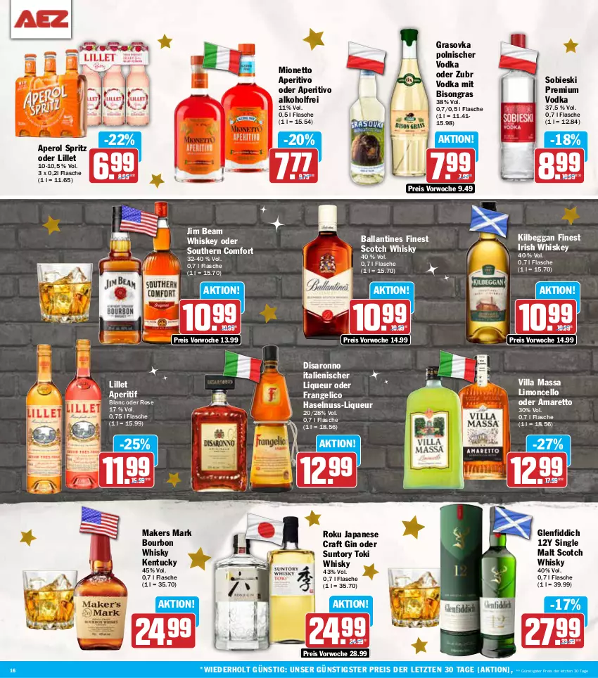 Aktueller Prospekt Aez - Prospekte - von 02.12 bis 07.12.2024 - strona 16 - produkty: alkohol, Amaretto, aperitif, aperol, ball, bourbon, eis, flasche, frangelico, gin, haselnuss, irish whiskey, jim beam, kilbeggan, lillet, limo, liqueur, mionetto, nuss, premium vodka, reis, saro, scotch, scotch whisky, single malt, Southern Comfort, Ti, tuc, vodka, whiskey, whisky, ZTE