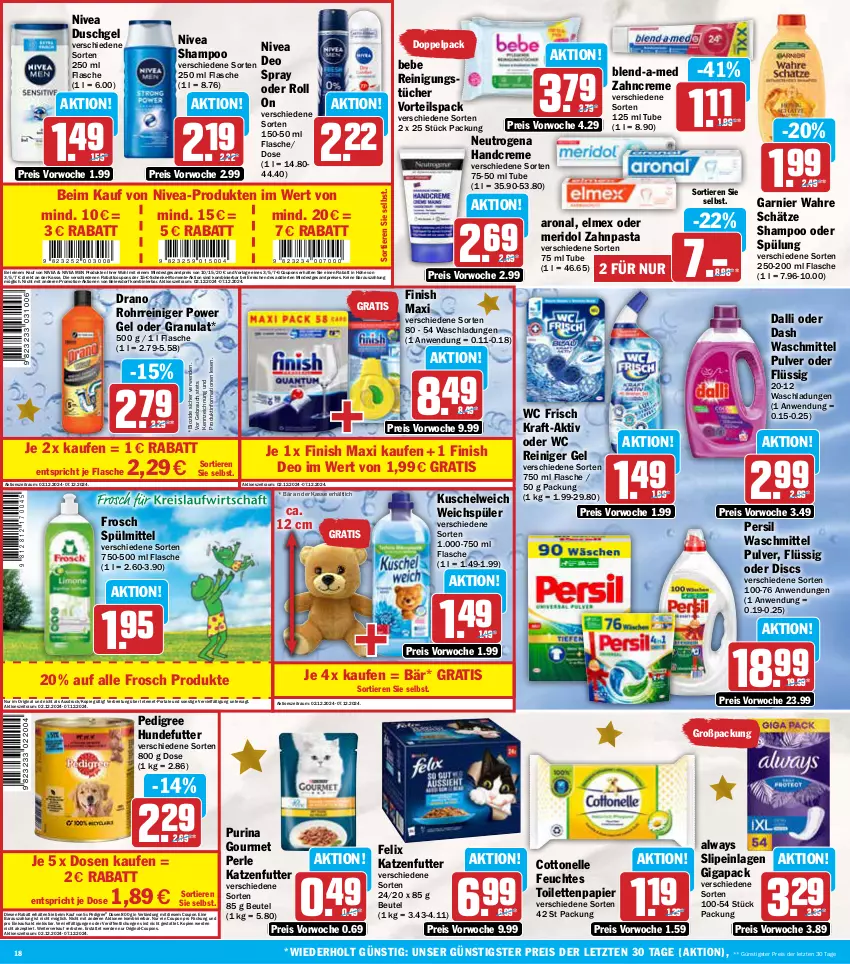 Aktueller Prospekt Aez - Prospekte - von 02.12 bis 07.12.2024 - strona 18 - produkty: Alwa, Always, Bebe, beutel, bio, blend-a-med, Brei, cottonelle, coupon, coupons, creme, dalli, deo, deo spray, duschgel, eier, eis, elle, elmex, ente, erde, felix, feuchtes toilettenpapier, Finish, flasche, Frosch, garnier, gin, handcreme, katzenfutter, kraft, Kuschelweich, meridol, neutrogena, nivea, Nivea Men, papier, pasta, pedigree, persil, persil waschmittel, purina, Rauch, reiniger, reiniger gel, Reinigung, reinigungstücher, reis, rwe, shampoo, shampoo oder spülung, slip, slipeinlagen, spülmittel, spülung, Ti, Tiere, toilettenpapier, tücher, Wahre Schätze, waschmittel, wc frisch, weichspüler, zahncreme, zahnpasta, ZTE