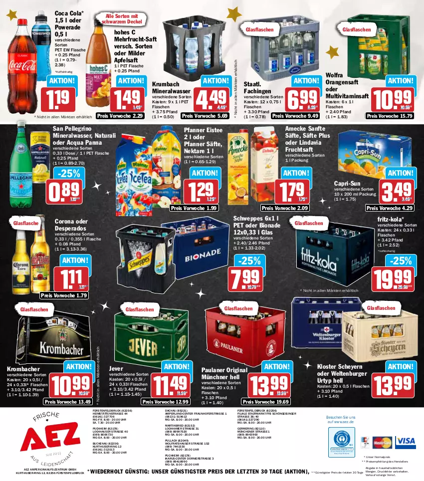 Aktueller Prospekt Aez - Prospekte - von 02.12 bis 07.12.2024 - strona 20 - produkty: AEZ, Alwa, amecke, apfel, apfelsaft, bio, bionade, buch, burger, Cap, capri-sun, cola, corona, decke, Deckel, desperados, drucker, eis, eistee, elle, Engel, ente, fisch, flasche, fritz, fritz-kola, frucht, fruchtsaft, Germ, gin, glasflasche, Hohes C, jever, kerze, krombache, krombacher, krumbach, mineralwasser, Multivitaminsaft, natur, natura, Nektar, orange, orangen, orangensaft, Paula, paulaner, perla, pfanne, Pfanner, reis, ring, rum, saft, säfte, san pellegrino, schweppes, Staatl. Fachingen, tee, teller, Ti, uhr, urtyp, vita, wasser, ZTE