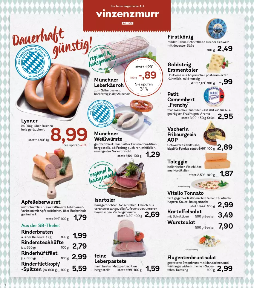 Aktueller Prospekt Aez - Prospekte - von 02.12 bis 07.12.2024 - strona 4 - produkty: apfel, auer, Bau, Bauer, Becher, braten, buch, camembert, dressing, eis, elle, emmentaler, ente, Entenbrust, fleisch, Fondue, frucht, goldsteig, hartkäse, Holz, Käse, leberkäs, leberwurst, lyoner, mac, mandarine, mandarinen, milch, nuss, pastete, Ria, rind, rinder, rinderbraten, Rindersteak, ring, rohschinken, salat, sauce, Sauerrahm, Schal, Schale, schinken, schnittkäse, schnittlauch, schweizer schnittkäse, steak, steakhüfte, Ti, Vitello Tonnato, weichkäse, wurst, Yo, zwiebel, zwiebeln