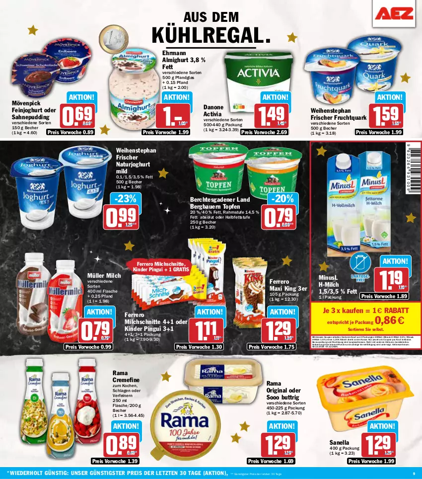 Aktueller Prospekt Aez - Prospekte - von 02.12 bis 07.12.2024 - strona 9 - produkty: activia, almighur, almighurt, auer, aus dem kühlregal, Bau, Bauer, Becher, Brei, coupon, creme, danone, danone activia, ehrmann, ehrmann almighurt, eis, feinjoghurt, ferrero, flasche, frucht, Fruchtquark, gin, joghur, joghurt, joghurt mild, Kinder, kinder pingui, kühlregal, milch, Milchschnitte, mövenpick, Müller, natur, naturjoghurt, pingui, pudding, quark, rama, rama cremefine, regal, reis, sahne, Ti, Tiere, topf, Topfen, weihenstephan, ZTE