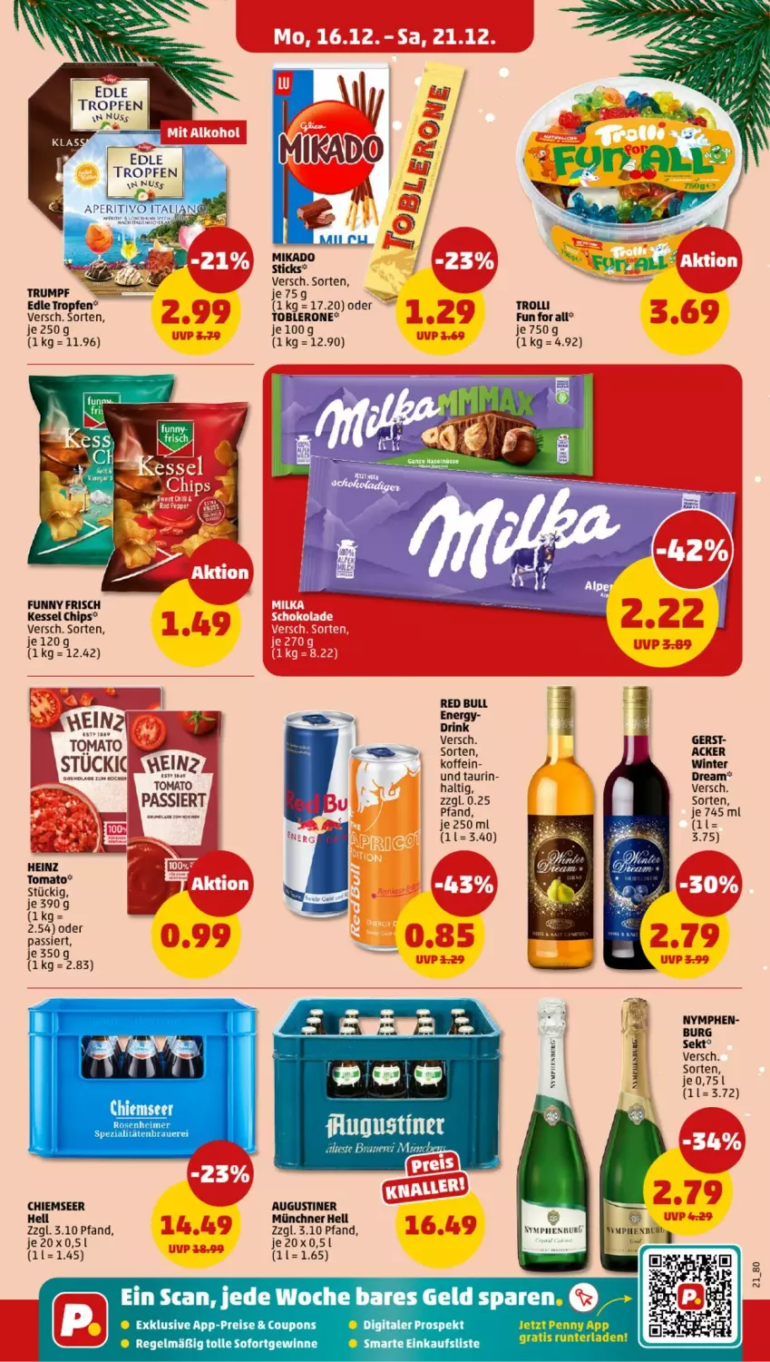 Aktueller Prospekt Penny - Prospekte - von 16.12 bis 21.12.2024 - strona 21 - produkty: auer, chips, coupon, coupons, drink, eis, Funny Frisch, heinz, reis, rum, sekt, Ti, toblerone, trolli