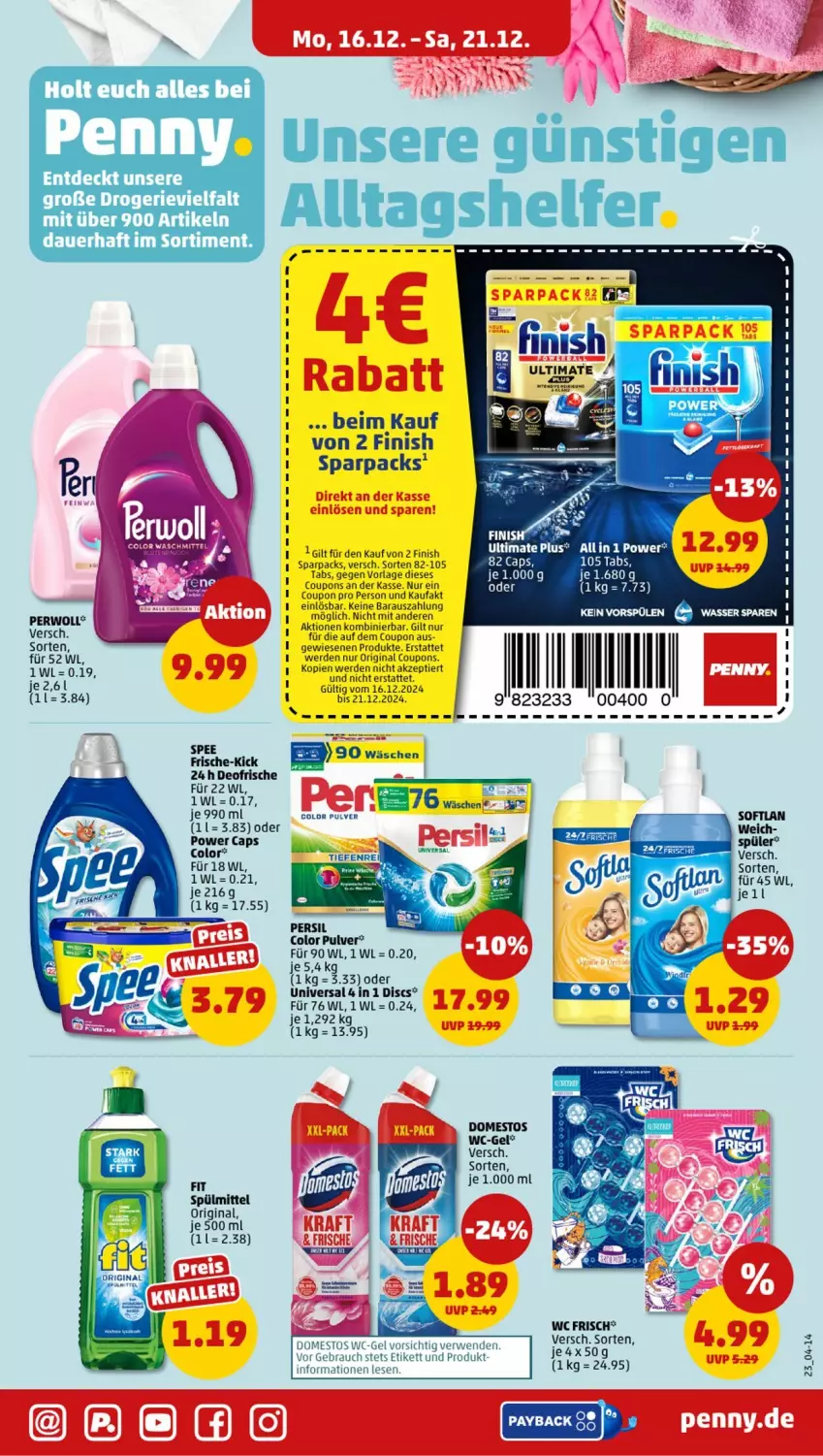 Aktueller Prospekt Penny - Prospekte - von 16.12 bis 21.12.2024 - strona 23 - produkty: auer, Cap, coupon, coupons, deo, domestos, erde, Finish, gin, perwoll, Rauch, rwe, spee, spülmittel, Ti, wasser, wc frisch, wc-gel