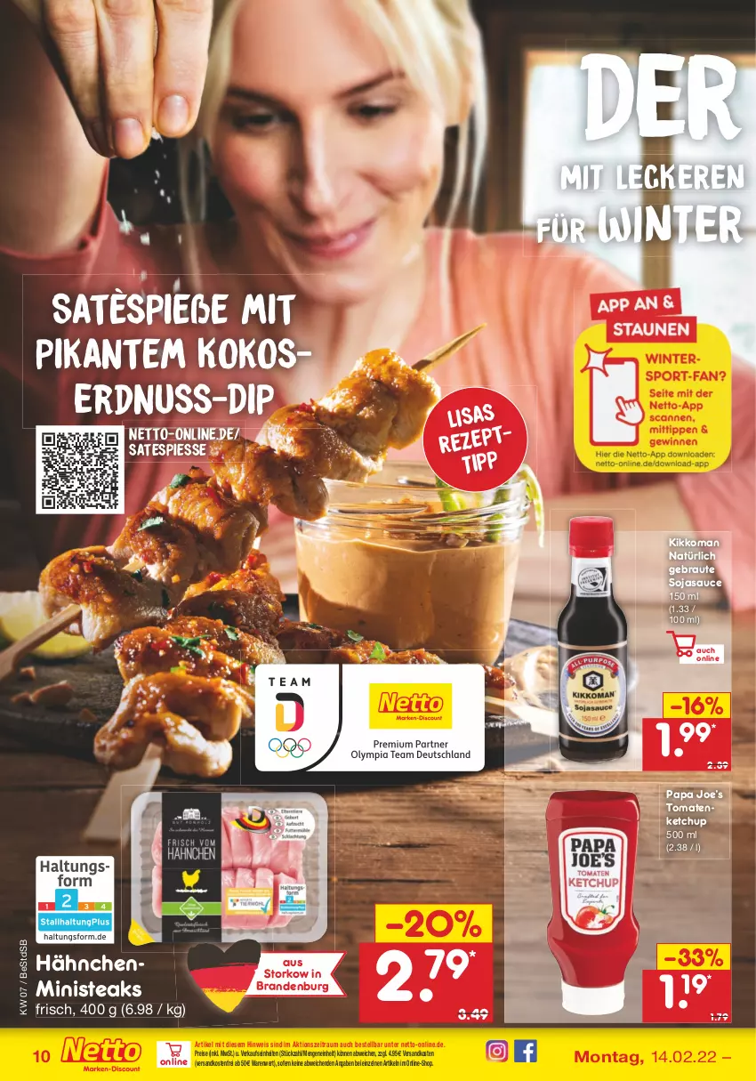 Aktueller Prospekt Netto Marken-Discount - Filial-Angebote - von 14.02 bis 19.02.2022 - strona 10 - produkty: dip, eis, erdnuss, ketchup, kikkoman, kokos, ndk, nuss, reis, rezept, sauce, soja, sojasauce, steak, steaks, Ti, tomate, tomaten, tomatenketchup, versandkostenfrei