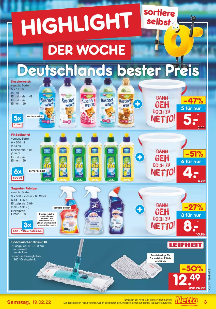 Aktueller Prospekt Netto Marken-Discount - Filial-Angebote - von 14.02 bis 19.02.2022 - strona 3 - produkty: angebot, bio, biozidprodukte, bodenwischer, eimer, eis, Kuschelweich, Rauch, reiniger, reis, rwe, sagrotan, spülmittel, Ti, Tiere, ZTE