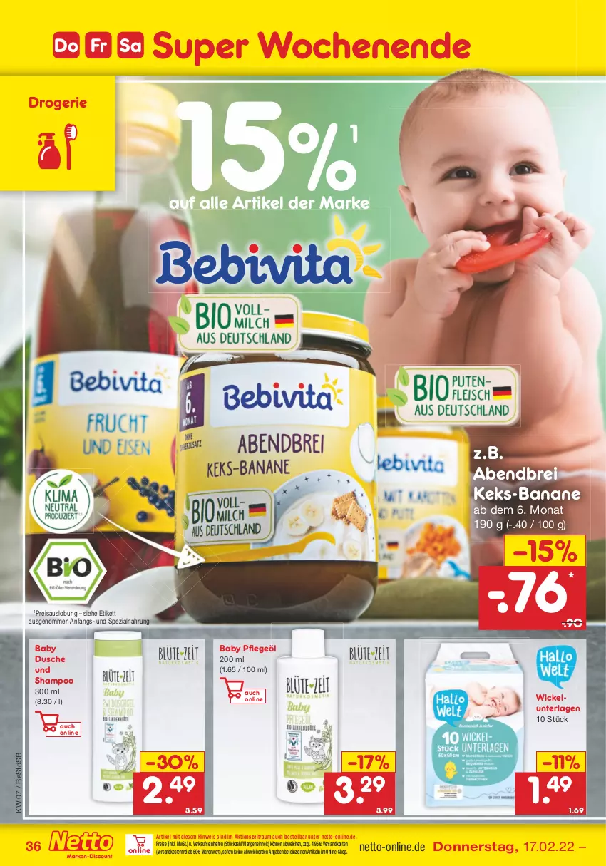 Aktueller Prospekt Netto Marken-Discount - Filial-Angebote - von 14.02 bis 19.02.2022 - strona 36 - produkty: banane, bebivita, Brei, dusche, eis, keks, ndk, Pflegeöl, reis, shampoo, Spezi, Ti, versandkostenfrei, vita, WICK, Wickelunterlage