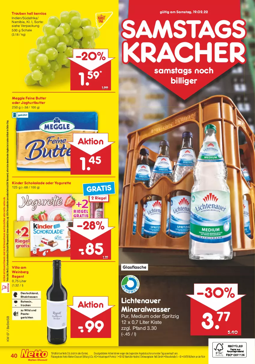 Aktueller Prospekt Netto Marken-Discount - Filial-Angebote - von 14.02 bis 19.02.2022 - strona 40 - produkty: Alwa, angebot, angebote, auer, butter, discount, eis, flasche, glasflasche, Holz, joghur, joghurt, Kinder, kinder schokolade, kracher, lichtenauer, marken-discount, meggle, mineralwasser, ndk, oder yogurette, pasta, Pastagericht, reis, riegel, rotwein, Schal, Schale, schoko, schokolade, Ti, trauben, uhr, versandkostenfrei, wasser, wein, Wild, Yo, yogurette, ZTE