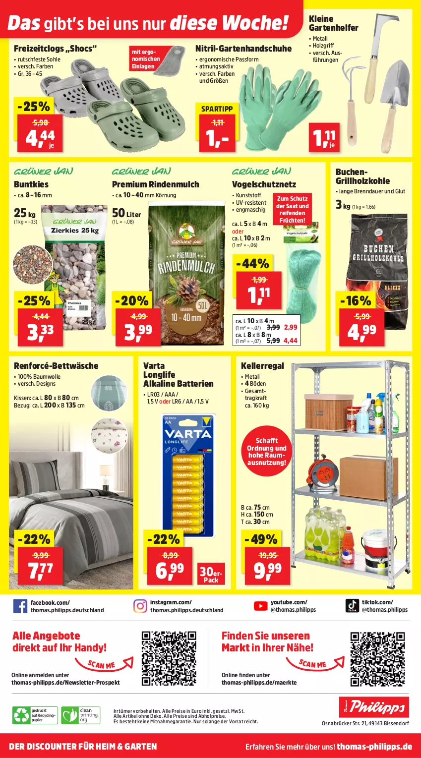 Aktueller Prospekt Thomas Philipps - von 15.06 bis 20.06.2026 - strona 16 - produkty: abholpreise, alle preise sind abholpreise, angebot, angebote, auer, batterie, batterien, Bau, baumwolle, bett, bettwäsche, buch, Clin, Clogs, discount, eis, elle, früchte, früchten, Garten, grill, grillholzkohle, handschuhe, Handy, Holz, holzkohle, kissen, kraft, leine, longlife, Maus, papier, regal, reifen, reis, renforcé-bettwäsche, rind, rindenmulch, schuhe, Schutznetz, spartipp, Ti, varta, wolle, Yo