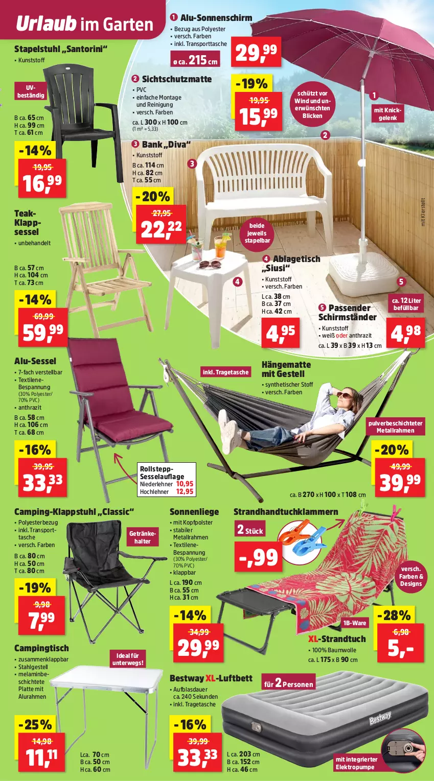 Aktueller Prospekt Thomas Philipps - von 15.06 bis 20.06.2026 - strona 7 - produkty: auer, Bank, Bau, baumwolle, bestway, bett, Campingtisch, Elektro, Garten, getränk, getränke, getränkehalter, handtuch, hängematte, Klammern, klappsessel, klappstuhl, lamm, latte, LG, Liege, luftbett, Reinigung, rwe, schirmständer, sessel, sonnenliege, sonnenschirm, Sport, sporttasche, stapelstuhl, strandtuch, stuhl, Tasche, Ti, tisch, tragetasche, tuc, wolle