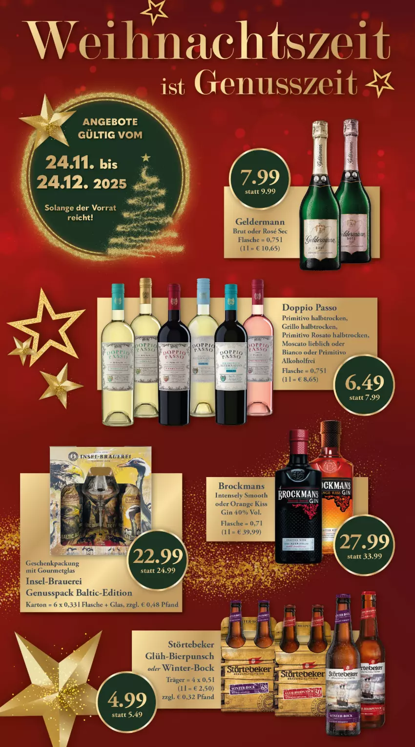 Aktueller Prospekt Getraenkeland - von 07.12 bis 19.12.2025 - strona 4 - produkty: alkohol, angebot, angebote, auer, bier, brut, doppio passo, flasche, geldermann, geschenkpackung, gin, grill, grillo, nuss, passo, primitivo, rosato, störtebeker, Ti
