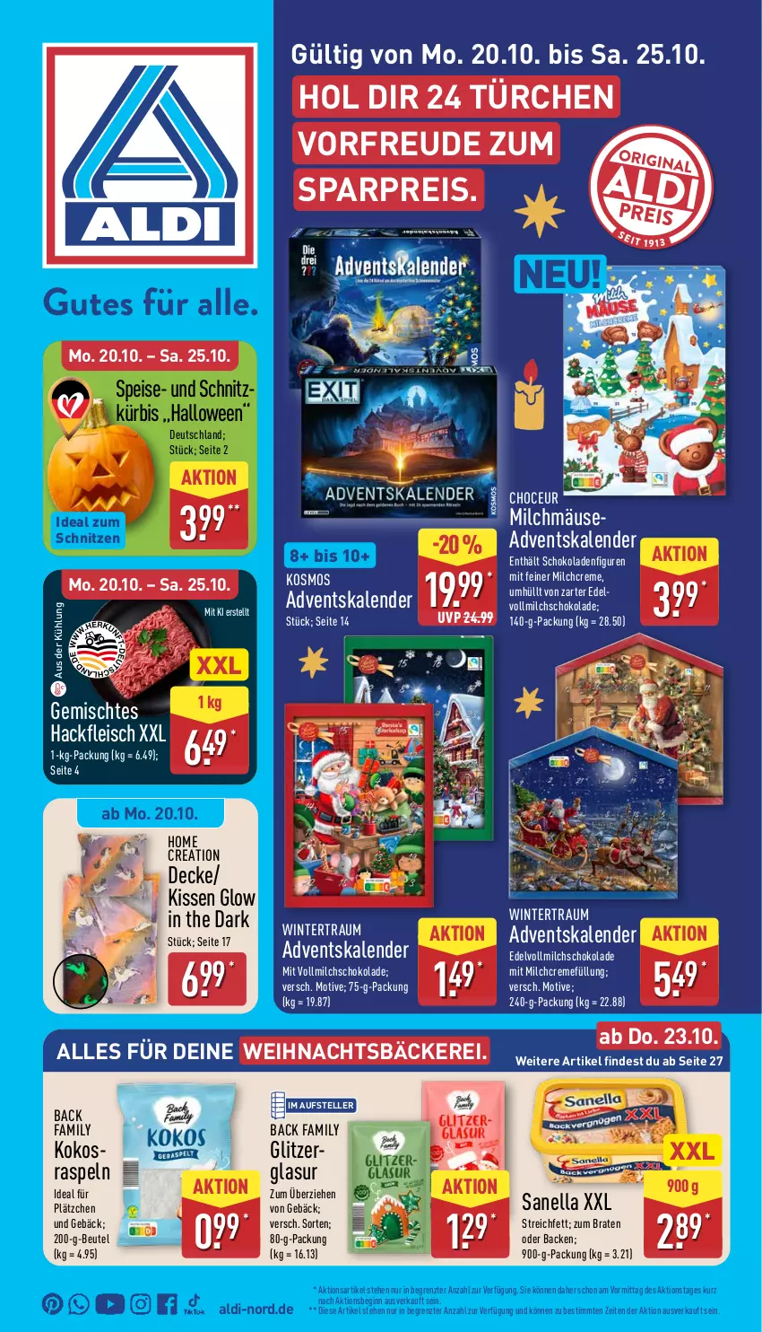 Aktueller Prospekt Aldi Nord - Von Montag - von 20.10 bis 25.10.2025 - strona 1 - produkty: Adventskalender, aldi, beutel, braten, creme, decke, eis, elle, fleisch, gin, hackfleisch, kissen, kokos, Kürbis, Lätzche, milch, reis, schoko, schokolade, schokoladen, teller, Ti, vollmilch, ZTE