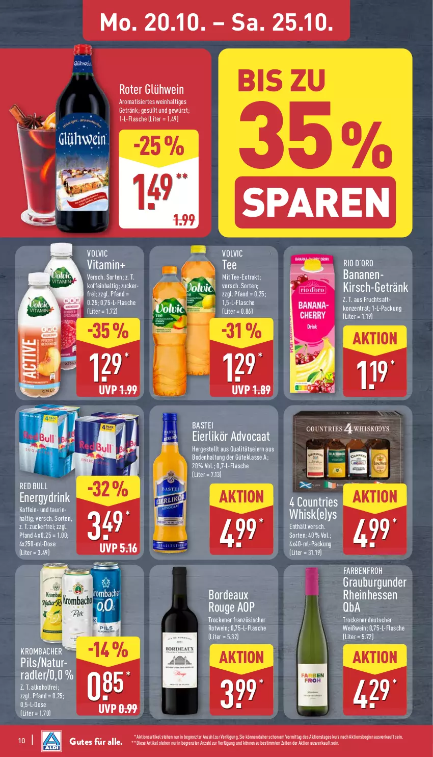 Aktueller Prospekt Aldi Nord - Von Montag - von 20.10 bis 25.10.2025 - strona 10 - produkty: alkohol, banane, bananen, burgunder, drink, eier, eierlikör, flasche, frucht, fruchtsaft, getränk, gewürz, gin, Glühwein, grauburgunder, kirsch, krombache, krombacher, krombacher pils, likör, natur, pils, radler, red bull, rotwein, rouge, saft, tee, Ti, vita, volvic, wein, Weißwein, ZTE, zucker