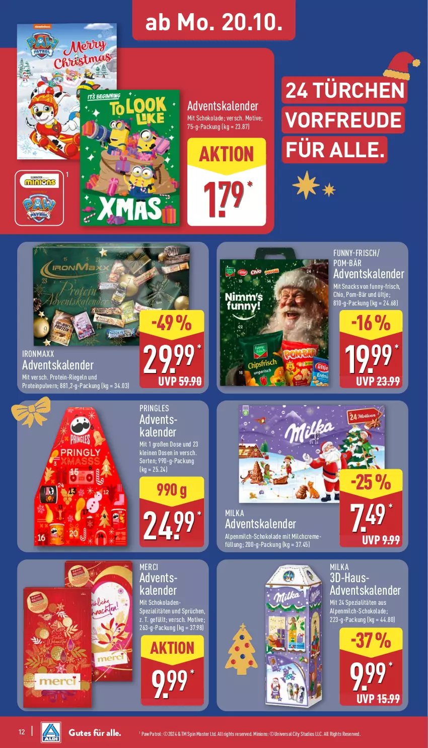 Aktueller Prospekt Aldi Nord - Von Montag - von 20.10 bis 25.10.2025 - strona 12 - produkty: Adventskalender, alpenmilch, creme, funny-frisch, gin, leine, merci, milch, milka, Paw Patrol, pom-bär, pringles, riegel, ring, schoko, schokolade, schokoladen, snack, snacks, Spezi, Ti, ültje, ZTE